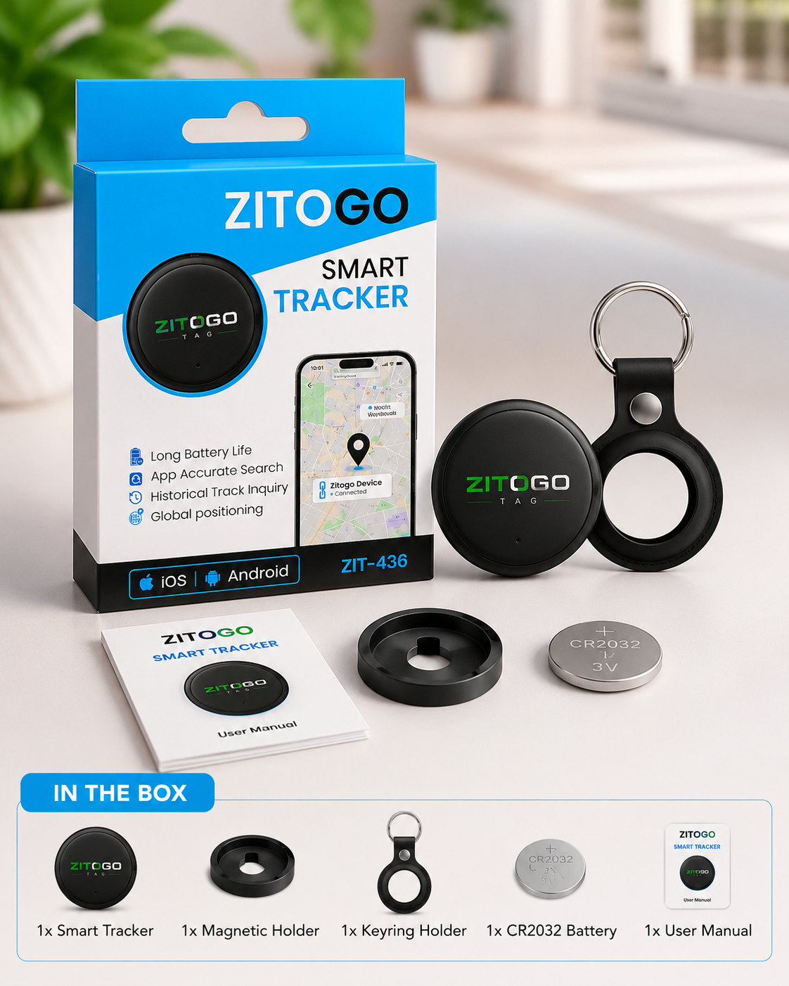 ZITOGO ZIT436 full package contents including tracker, holders, battery and manual